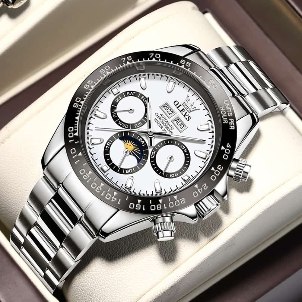 OLEVS 6654 Automatic Mechanical Moon Phase Watch for Men - Silver Grey Watch | Olevs Watch Store