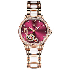 OLEVS 6656 Ceramic Mechanical Musical Note Watch for Women - Ceramic Red Watch | Olevs Watch Store