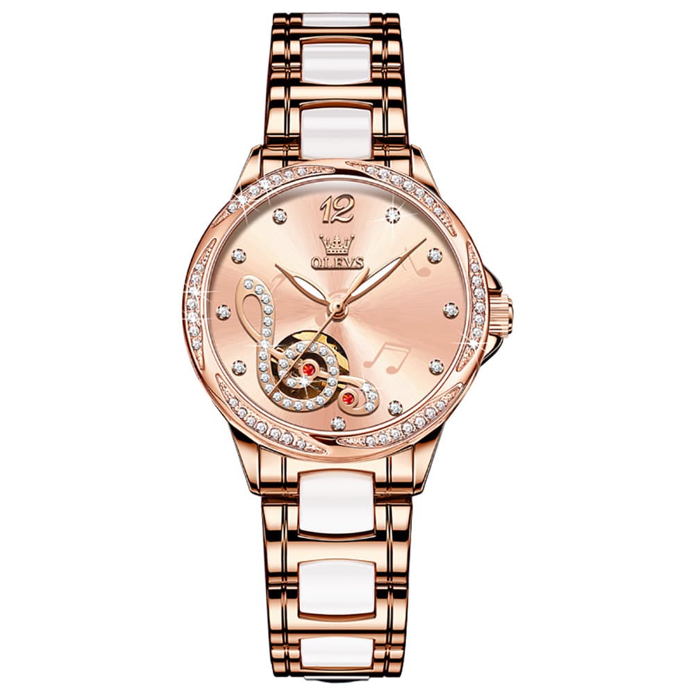 OLEVS 6656 Ceramic Mechanical Musical Note Watch for Women - Ceramic Rose Gold Watch | Olevs Watch Store