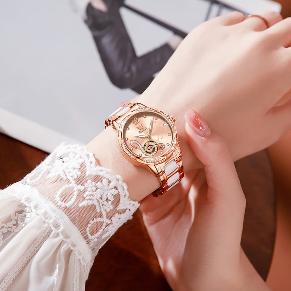 OLEVS 6656 Ceramic Mechanical Musical Note Watch for Women - Ceramic White Watch | Olevs Watch Store