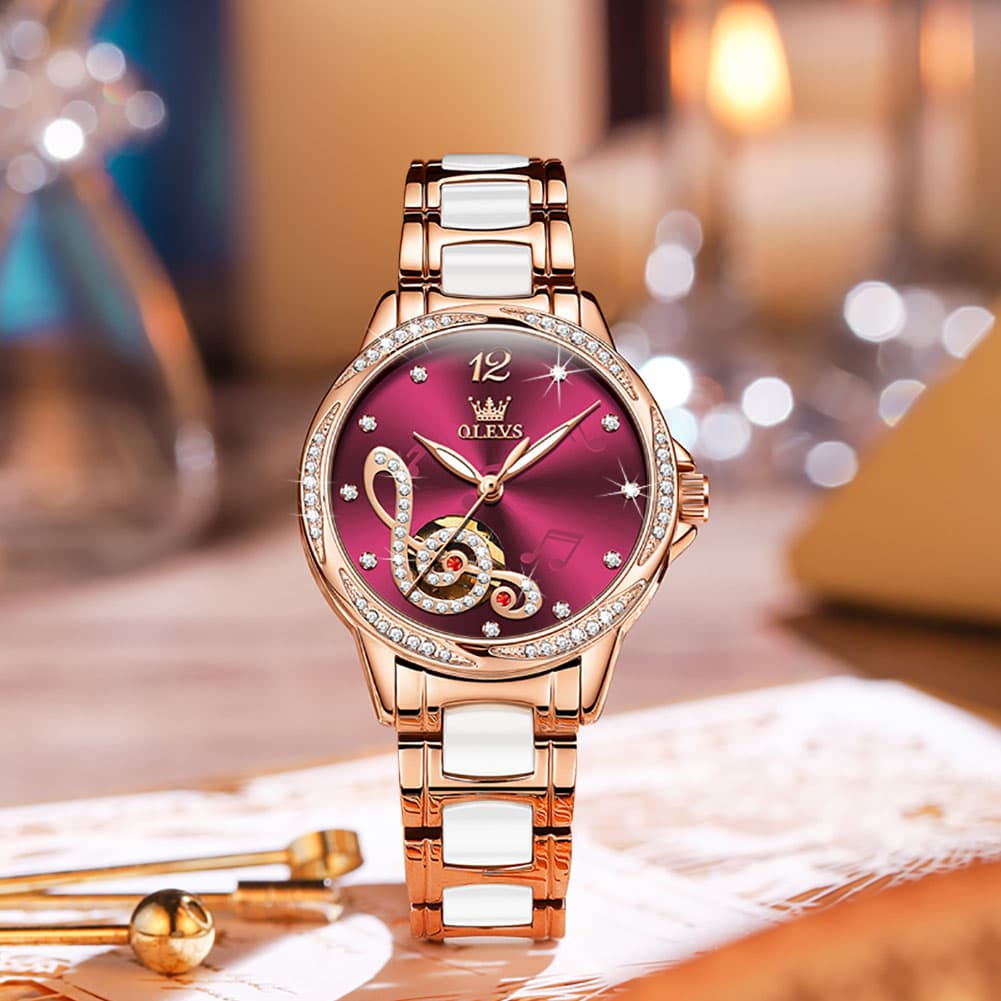 OLEVS 6656 Ceramic Mechanical Musical Note Watch for Women - Ceramic White Watch | Olevs Watch Store