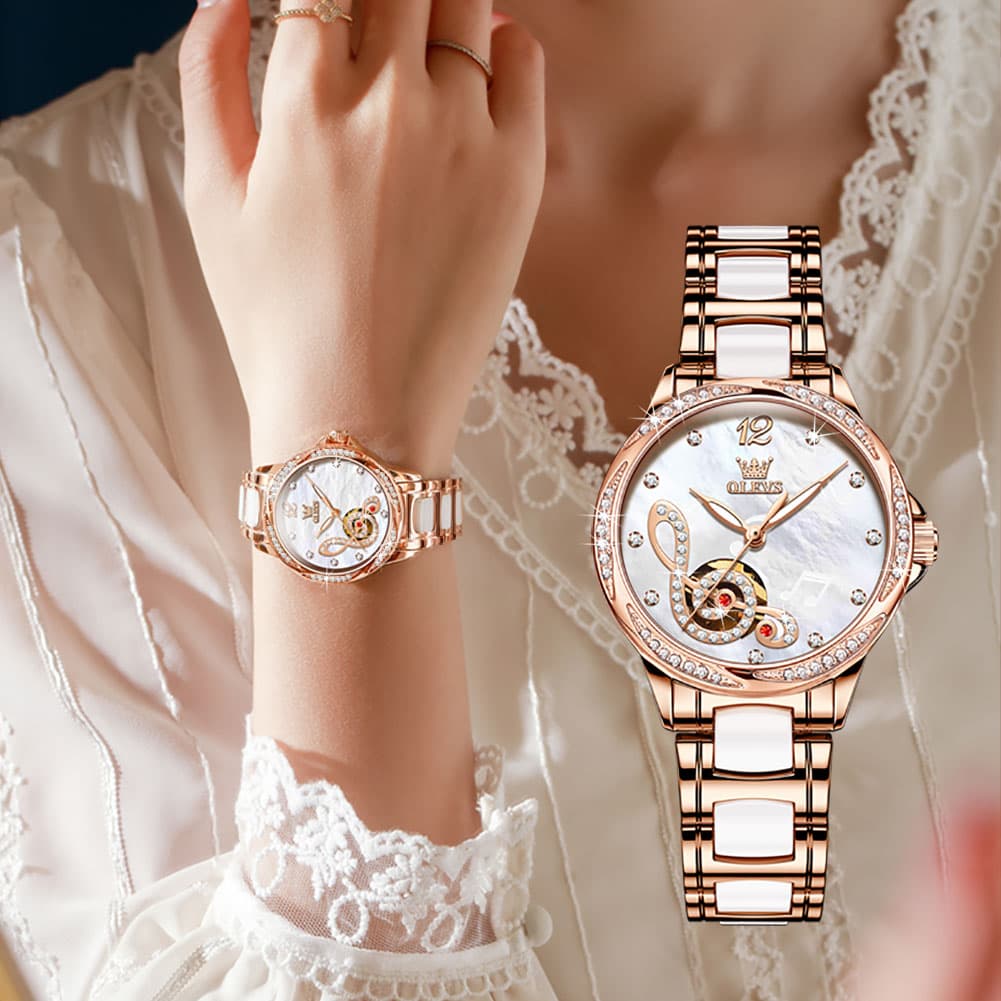 OLEVS 6656 Ceramic Mechanical Musical Note Watch for Women - Ceramic White Watch | Olevs Watch Store