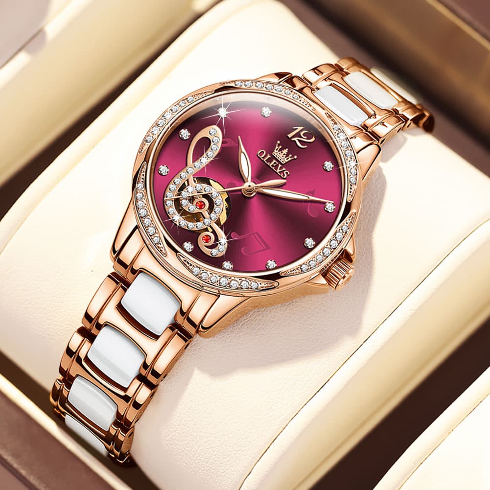 OLEVS 6656 Ceramic Mechanical Musical Note Watch for Women - Ceramic White Watch | Olevs Watch Store
