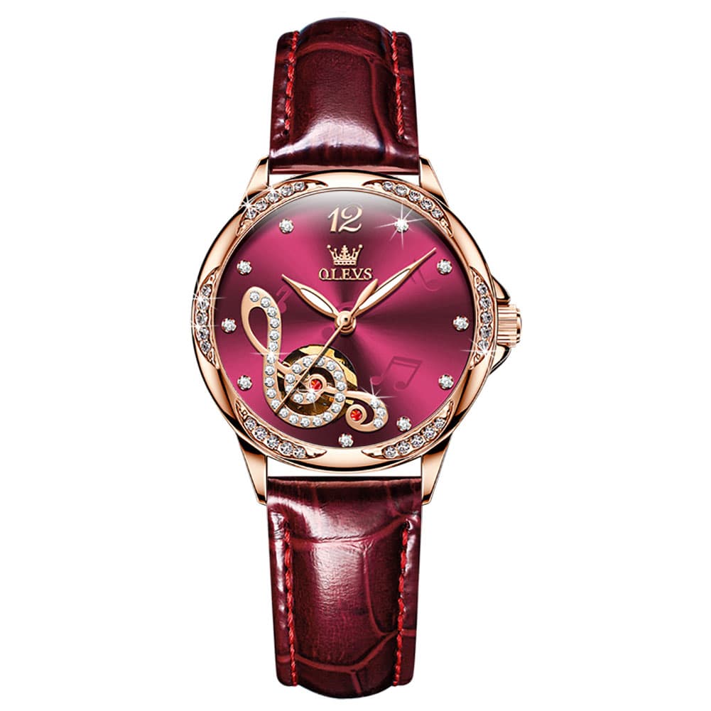 OLEVS 6656 Ceramic Mechanical Musical Note Watch for Women - Leather Burgundy Watch | Olevs Watch Store