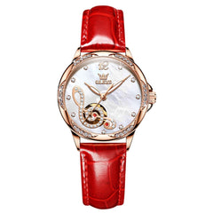 OLEVS 6656 Ceramic Mechanical Musical Note Watch for Women - Leather Red Watch | Olevs Watch Store