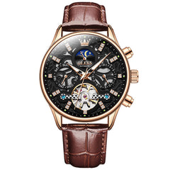 OLEVS 6658 Leather Skeleton Moon Phase Watch for Men - Rose Gold Black Watch | Olevs Watch Store