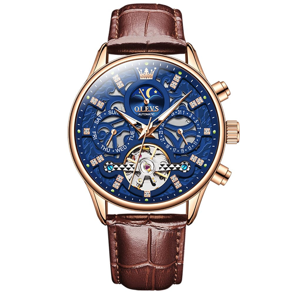 OLEVS 6658 Leather Skeleton Moon Phase Watch for Men - Rose Gold Blue Watch | Olevs Watch Store