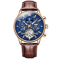 OLEVS 6658 Leather Skeleton Moon Phase Watch for Men - Rose Gold Blue Watch | Olevs Watch Store