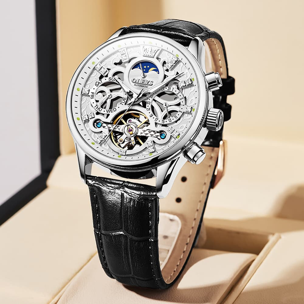 OLEVS 6658 Leather Skeleton Moon Phase Watch for Men - Rose Gold White Watch | Olevs Watch Store