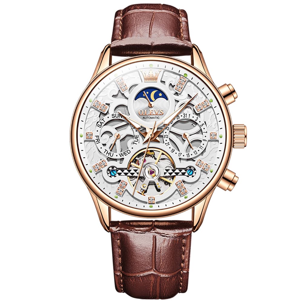 OLEVS 6658 Leather Skeleton Moon Phase Watch for Men - Rose Gold White Watch | Olevs Watch Store