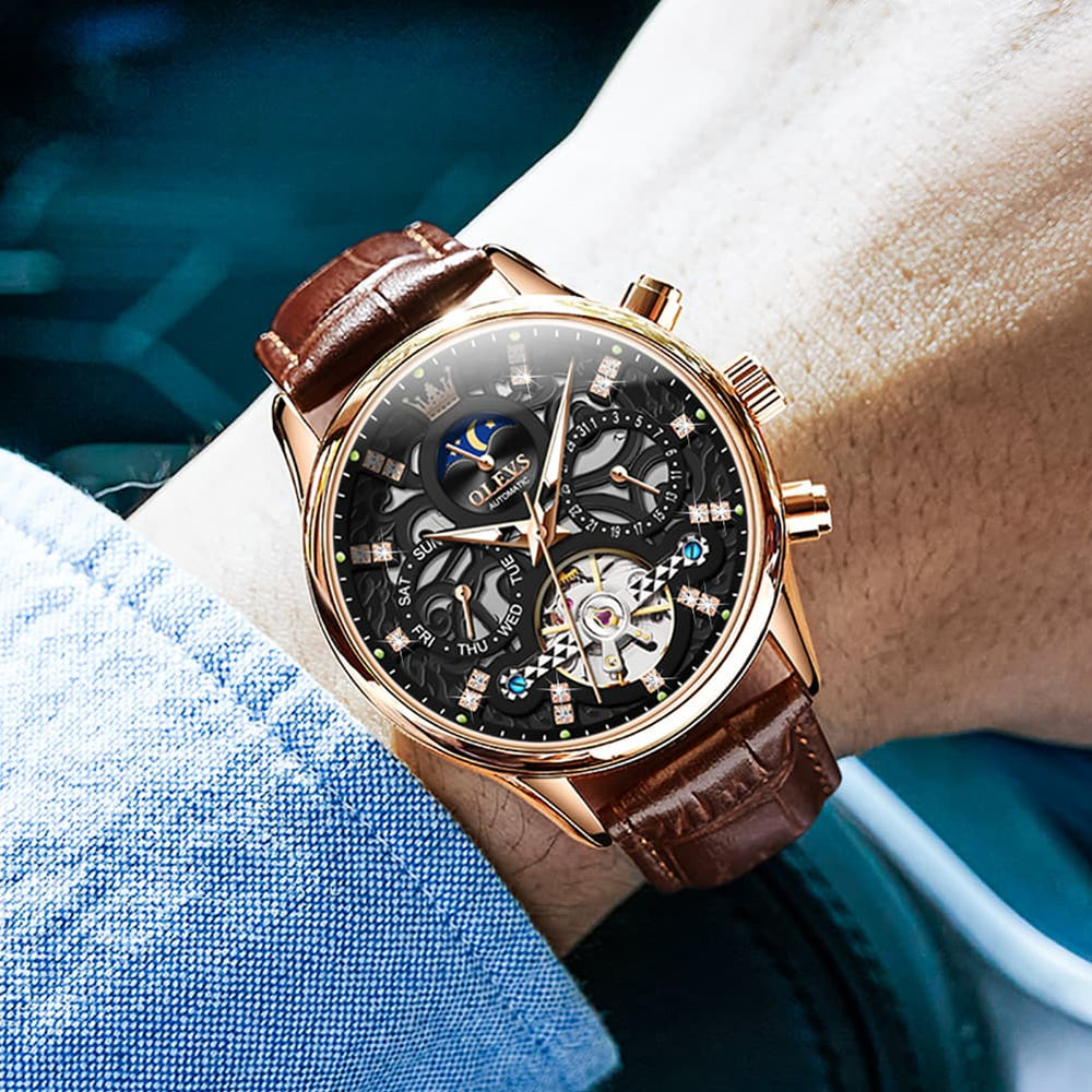 OLEVS 6658 Leather Skeleton Moon Phase Watch for Men - Rose Gold White Watch | Olevs Watch Store
