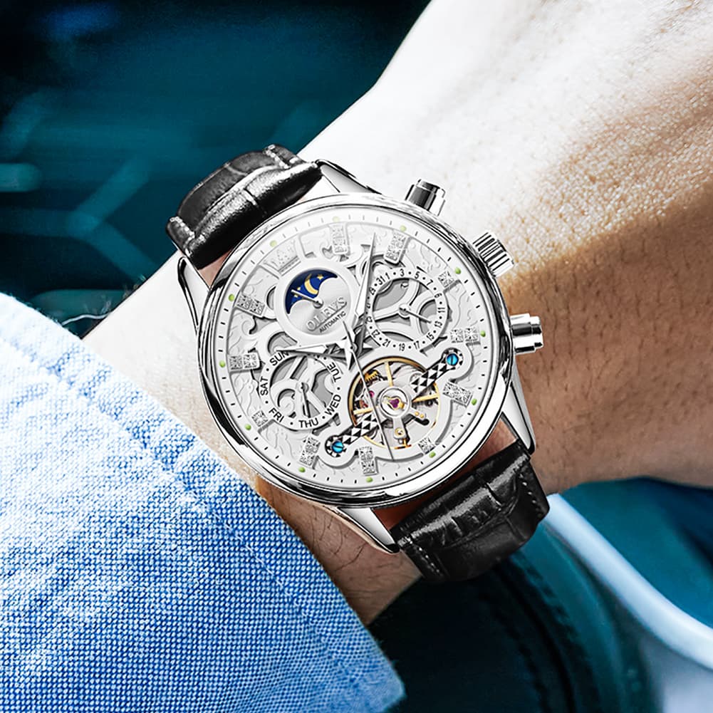 OLEVS 6658 Leather Skeleton Moon Phase Watch for Men - Rose Gold White Watch | Olevs Watch Store