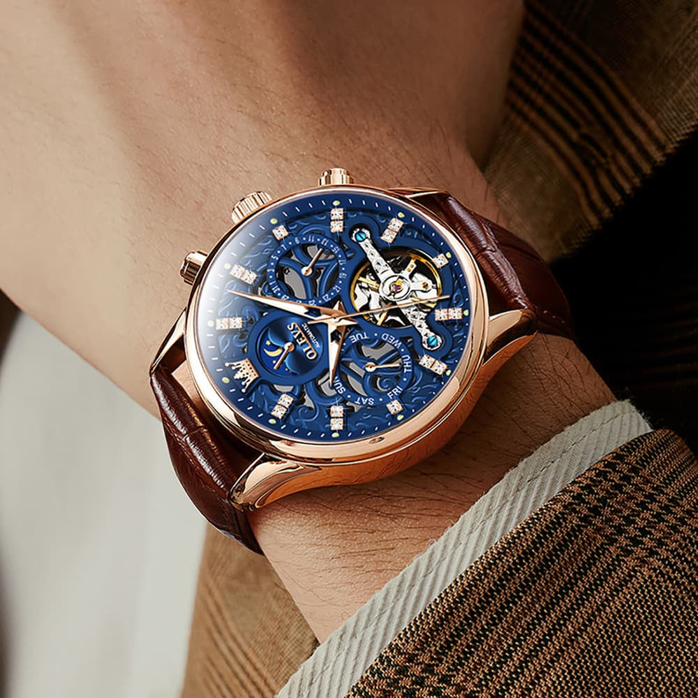 OLEVS 6658 Leather Skeleton Moon Phase Watch for Men - Rose Gold White Watch | Olevs Watch Store