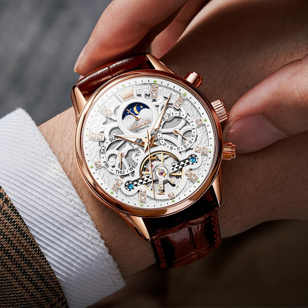 OLEVS 6658 Leather Skeleton Moon Phase Watch for Men - Rose Gold White Watch | Olevs Watch Store