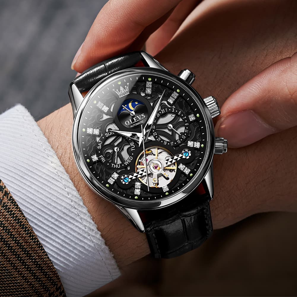 OLEVS 6658 Leather Skeleton Moon Phase Watch for Men - Rose Gold White Watch | Olevs Watch Store