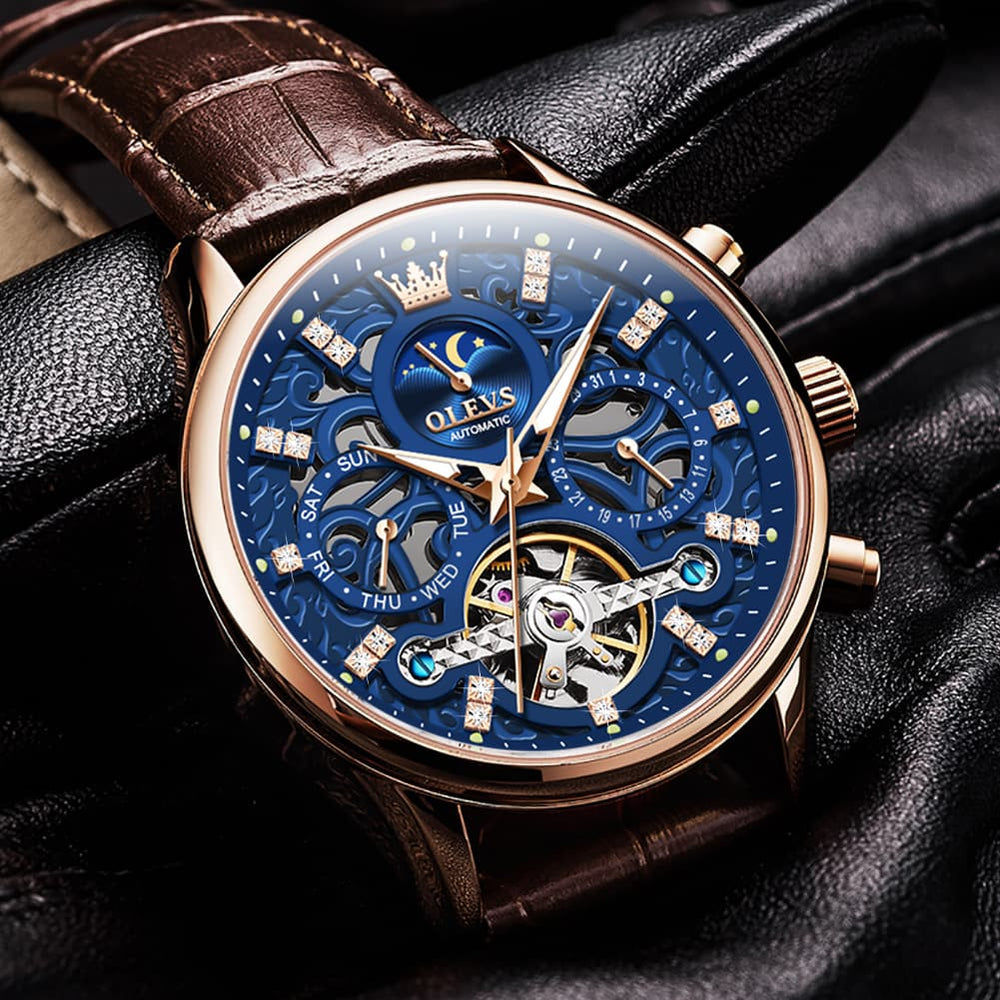 OLEVS 6658 Leather Skeleton Moon Phase Watch for Men - Rose Gold White Watch | Olevs Watch Store