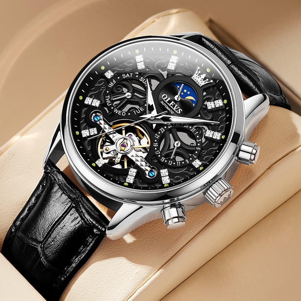 OLEVS 6658 Leather Skeleton Moon Phase Watch for Men - Rose Gold White Watch | Olevs Watch Store