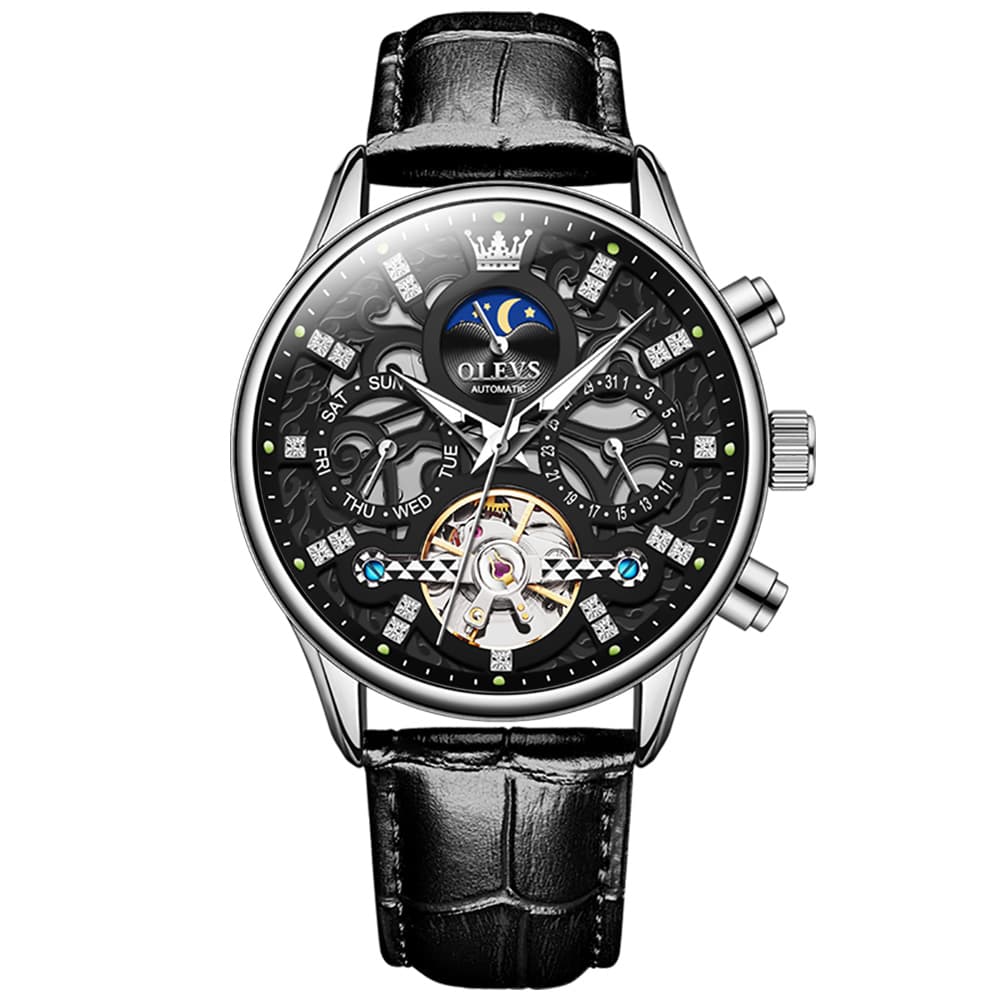 OLEVS 6658 Leather Skeleton Moon Phase Watch for Men - Silver Black Watch | Olevs Watch Store