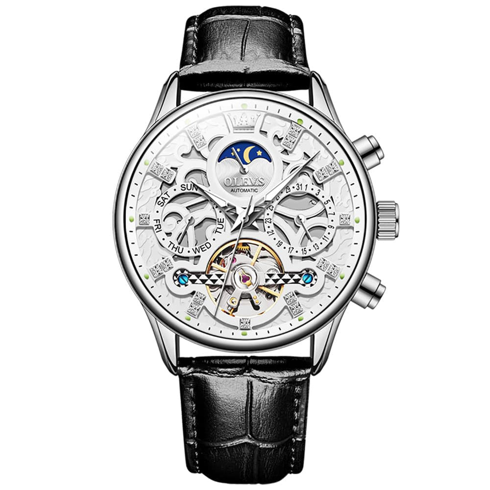 OLEVS 6658 Leather Skeleton Moon Phase Watch for Men - Silver White Watch | Olevs Watch Store