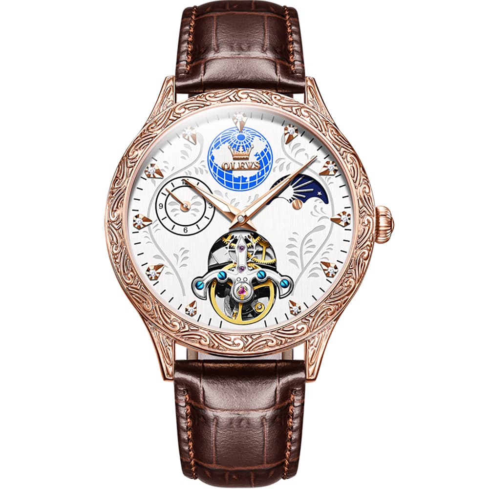 OLEVS 6660 Leather Globe Skeleton Mechanical Watch for Men - Rose Gold Brown Watch | Olevs Watch Store