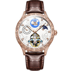 OLEVS 6660 Leather Globe Skeleton Mechanical Watch for Men - Rose Gold Brown Watch | Olevs Watch Store