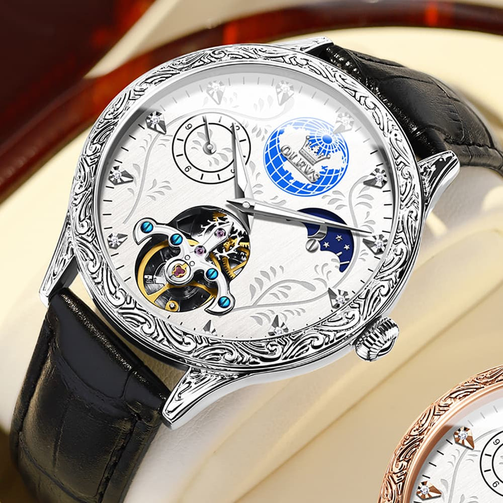 OLEVS 6660 Leather Globe Skeleton Mechanical Watch for Men - Silver Black Watch | Olevs Watch Store