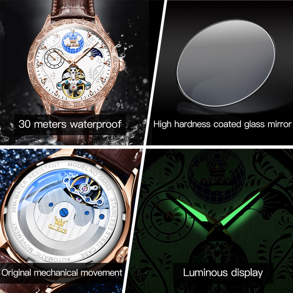 OLEVS 6660 Leather Globe Skeleton Mechanical Watch for Men - Silver Black Watch | Olevs Watch Store