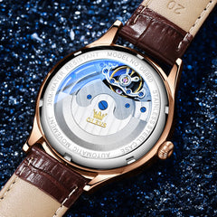 OLEVS 6660 Leather Globe Skeleton Mechanical Watch for Men - Silver Black Watch | Olevs Watch Store
