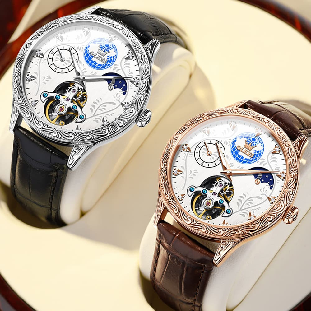 OLEVS 6660 Leather Globe Skeleton Mechanical Watch for Men - Silver Black Watch | Olevs Watch Store