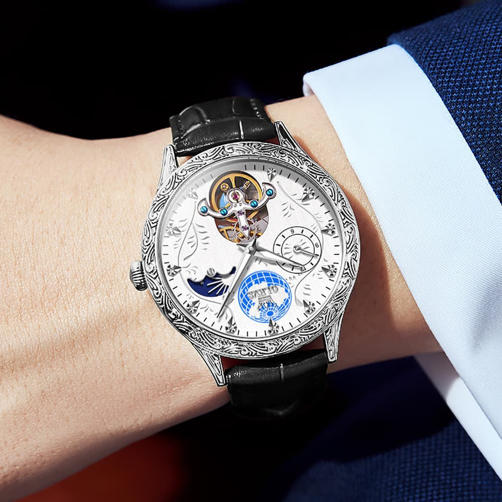 OLEVS 6660 Leather Globe Skeleton Mechanical Watch for Men - Silver Black Watch | Olevs Watch Store