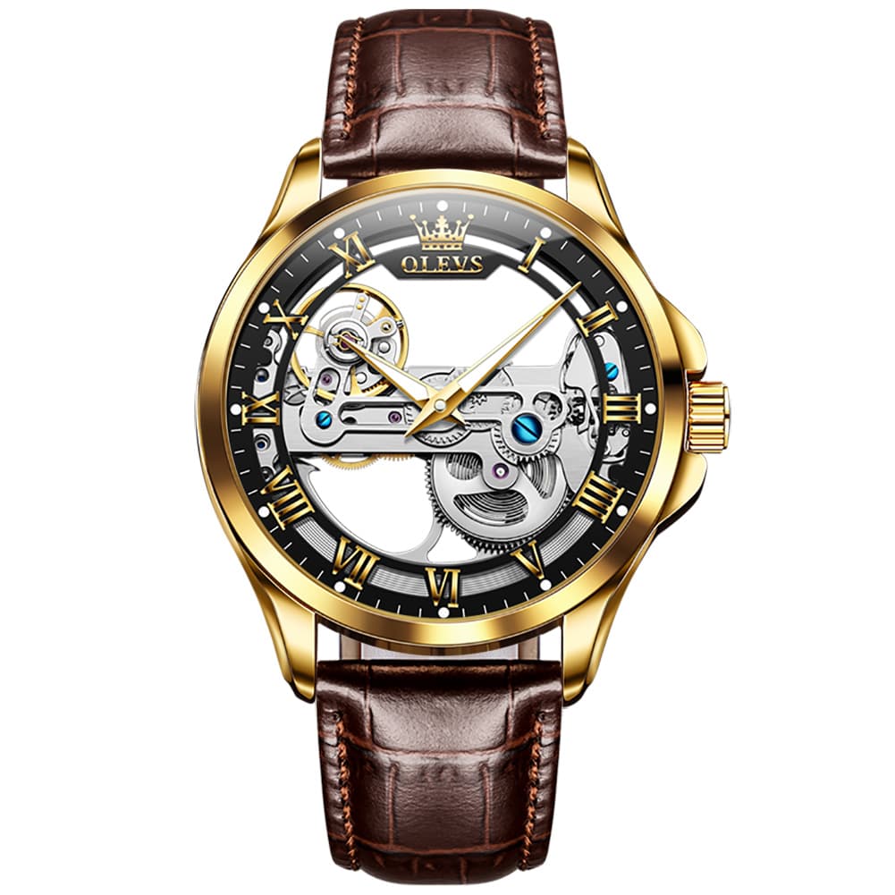 OLEVS 6661 Leather Skeleton Mechanical Watch for Men - Gold Black Watch | Olevs Watch Store