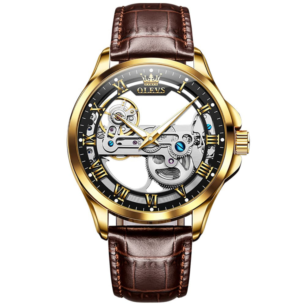 OLEVS 6661 Leather Skeleton Mechanical Watch for Men - Gold Black Watch | Olevs Watch Store