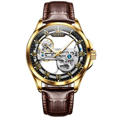 OLEVS 6661 Leather Skeleton Mechanical Watch for Men - Gold Black Watch | Olevs Watch Store