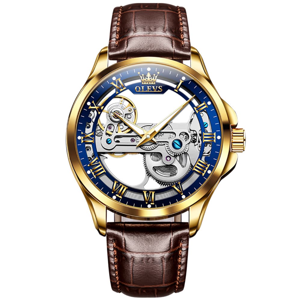 OLEVS 6661 Leather Skeleton Mechanical Watch for Men - Gold Blue Watch | Olevs Watch Store