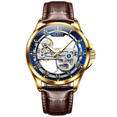 OLEVS 6661 Leather Skeleton Mechanical Watch for Men - Gold Blue Watch | Olevs Watch Store