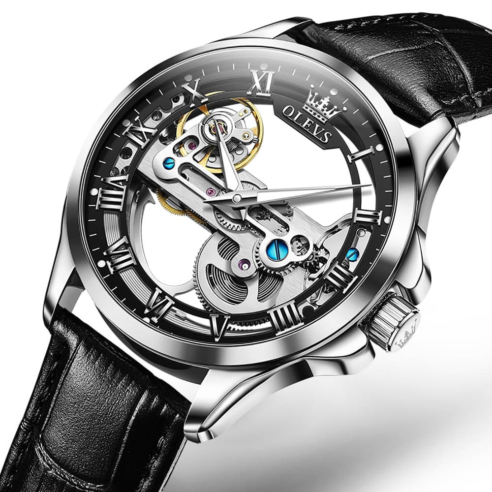 OLEVS 6661 Leather Skeleton Mechanical Watch for Men - Gold White Watch | Olevs Watch Store