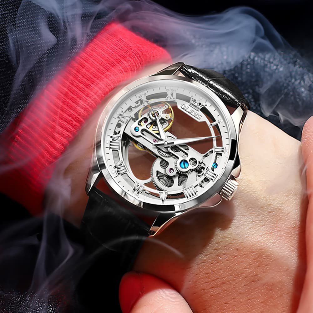 OLEVS 6661 Leather Skeleton Mechanical Watch for Men - Gold White Watch | Olevs Watch Store
