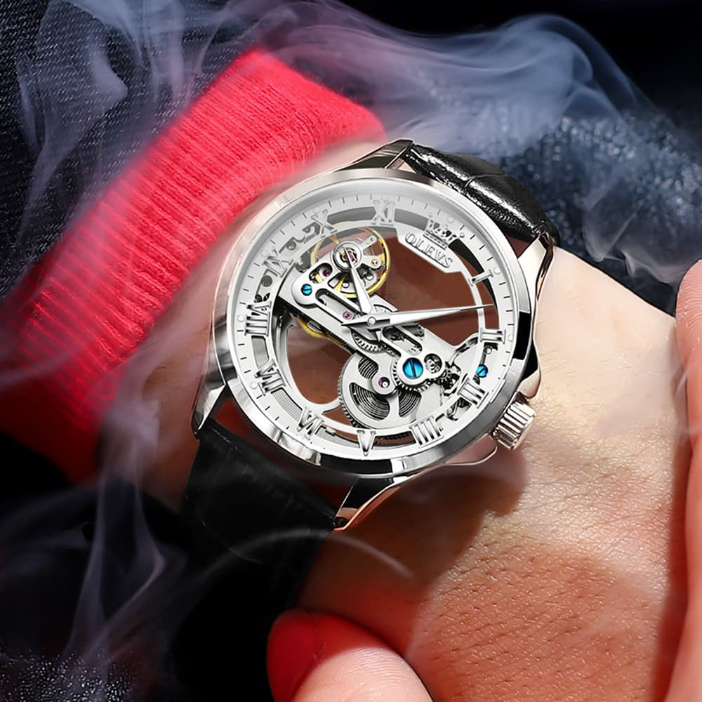 OLEVS 6661 Leather Skeleton Mechanical Watch for Men - Gold White Watch | Olevs Watch Store