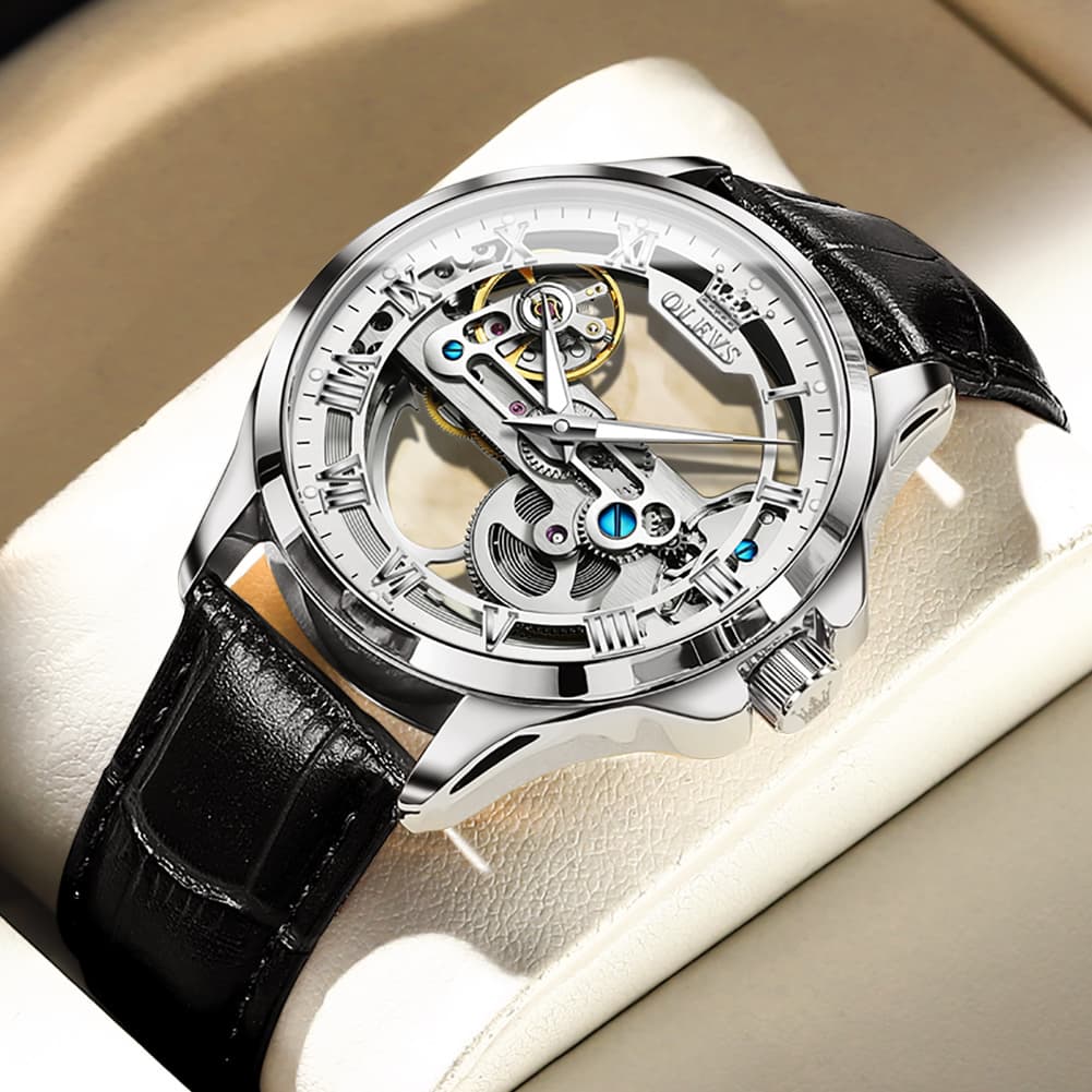 OLEVS 6661 Leather Skeleton Mechanical Watch for Men - Gold White Watch | Olevs Watch Store