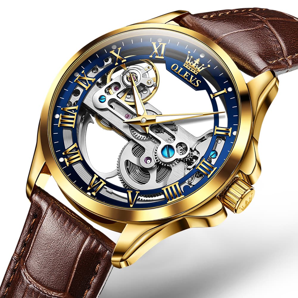 OLEVS 6661 Leather Skeleton Mechanical Watch for Men - Gold White Watch | Olevs Watch Store