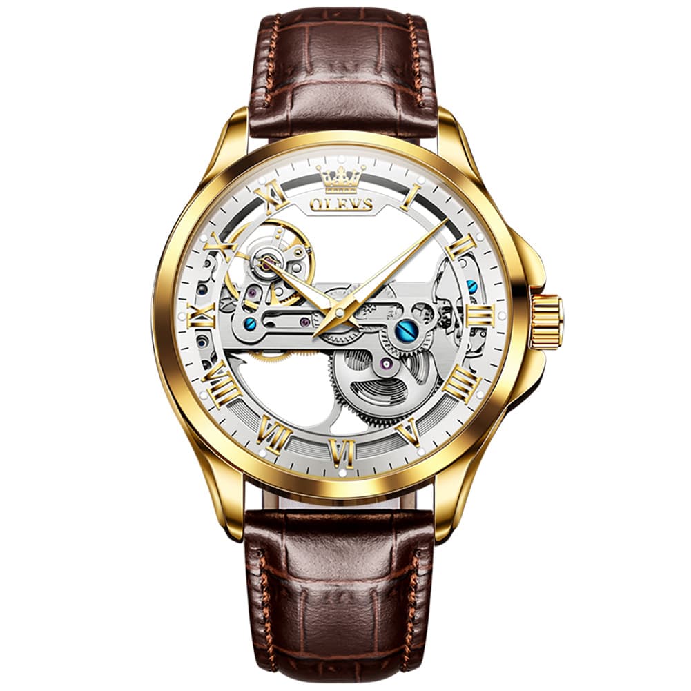 OLEVS 6661 Leather Skeleton Mechanical Watch for Men - Gold White Watch | Olevs Watch Store