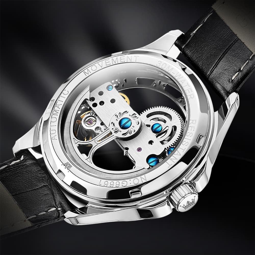 OLEVS 6661 Leather Skeleton Mechanical Watch for Men - Gold White Watch | Olevs Watch Store