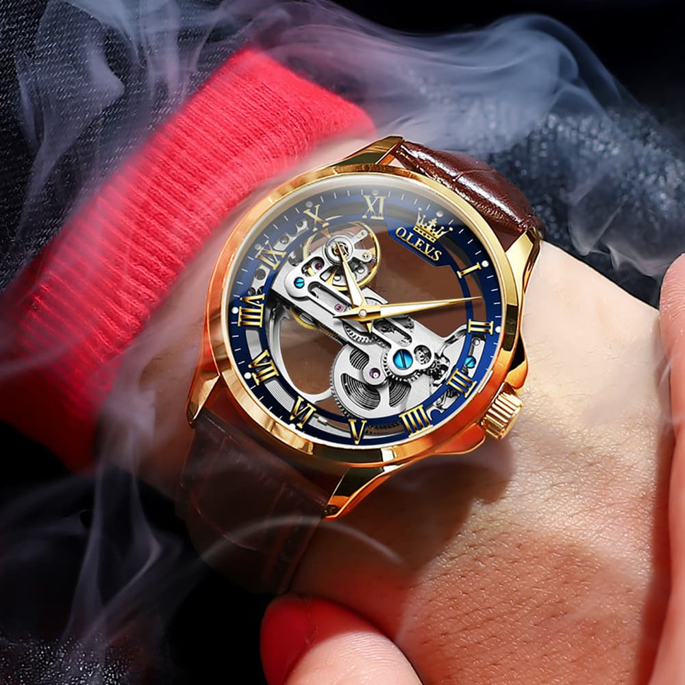 OLEVS 6661 Leather Skeleton Mechanical Watch for Men - Gold White Watch | Olevs Watch Store
