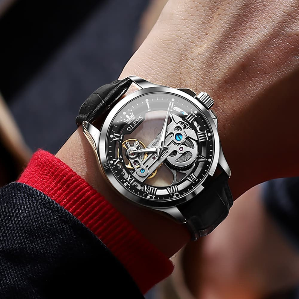 OLEVS 6661 Leather Skeleton Mechanical Watch for Men - Gold White Watch | Olevs Watch Store