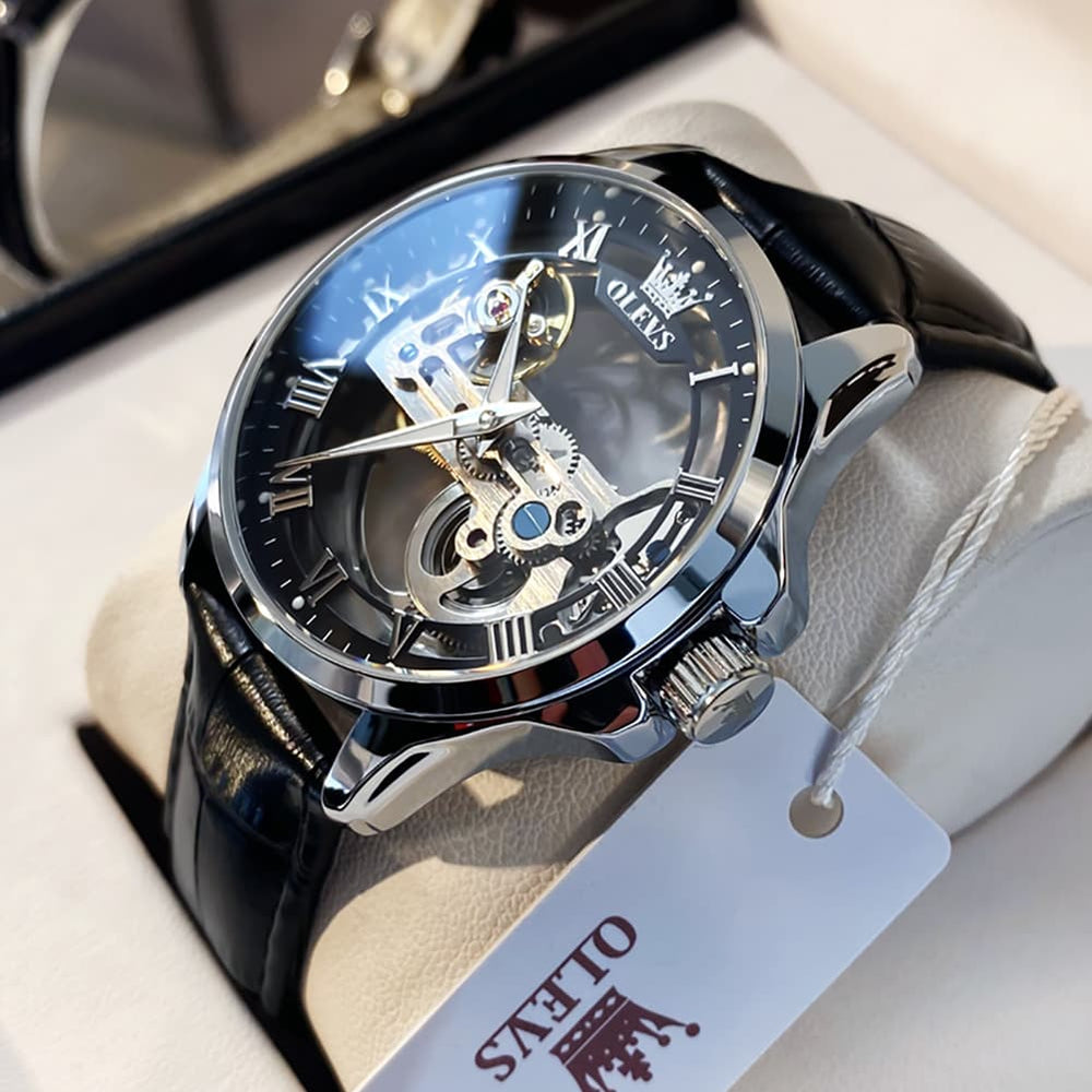OLEVS 6661 Leather Skeleton Mechanical Watch for Men - Gold White Watch | Olevs Watch Store