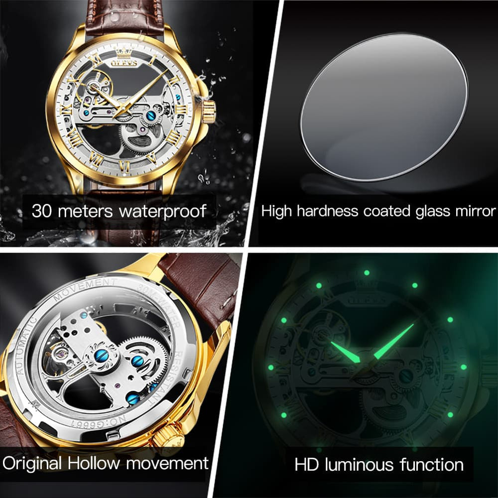 OLEVS 6661 Leather Skeleton Mechanical Watch for Men - Gold White Watch | Olevs Watch Store
