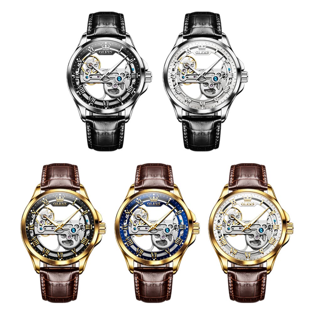 OLEVS 6661 Leather Skeleton Mechanical Watch for Men - Gold White Watch | Olevs Watch Store