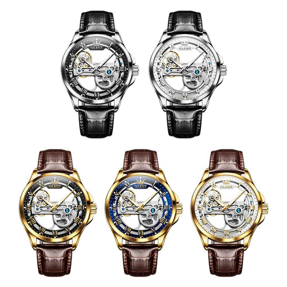 OLEVS 6661 Leather Skeleton Mechanical Watch for Men - Gold White Watch | Olevs Watch Store
