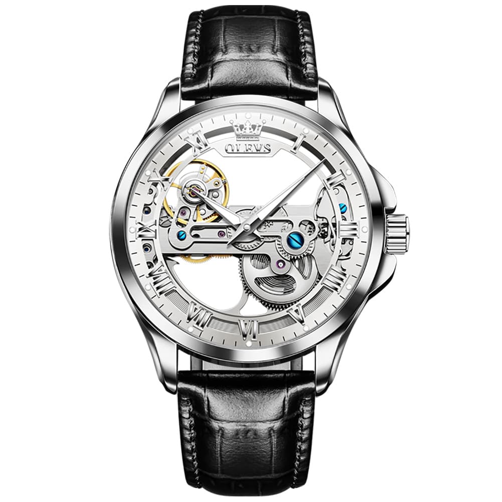 OLEVS 6661 Leather Skeleton Mechanical Watch for Men - Gold White Watch | Olevs Watch Store