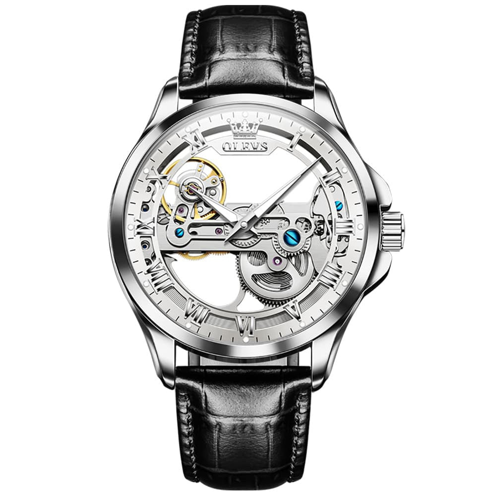 OLEVS 6661 Leather Skeleton Mechanical Watch for Men - Gold White Watch | Olevs Watch Store